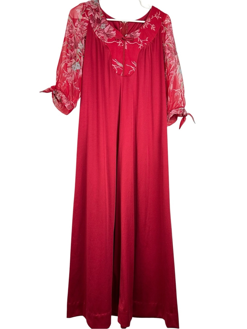 Vintage Liberty House of Hawaii Red Poly Dress Floral Chiffon Puffed Sleeves